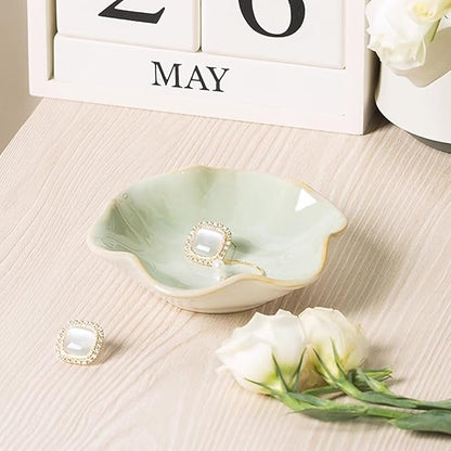 2Pcs Ceramic Jewelry Dish - Lotus Leaf Shape, for Ring Holder Necklace Small Key, Suitable for Mother Friend Sister, Gifts for Women, Cute Plate Trinket Tray, Home Decor (Crystal Green & Green)