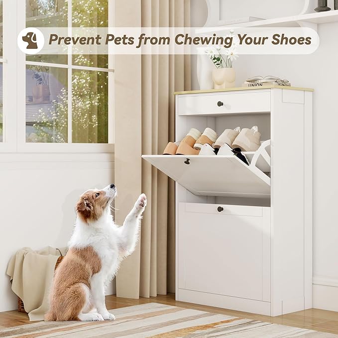 FTZxHKLX Shoe Cabinet with 2 Flip Drawers, Slim Wooden Hidden Shoe Organizer with Drawer, Pet-Proof Narrow Shoe Storage Cabinet for Entryway Living Room Behind The Door