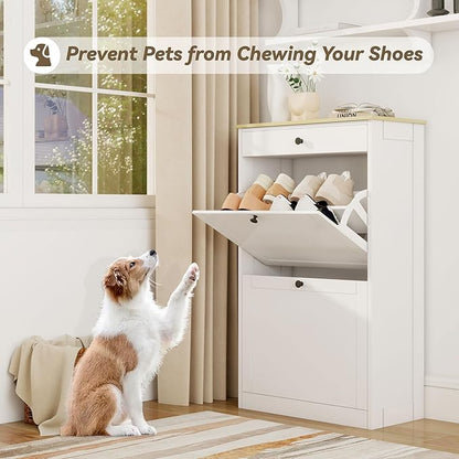 FTZxHKLX Shoe Cabinet with 2 Flip Drawers, Slim Wooden Hidden Shoe Organizer with Drawer, Pet-Proof Narrow Shoe Storage Cabinet for Entryway Living Room Behind The Door