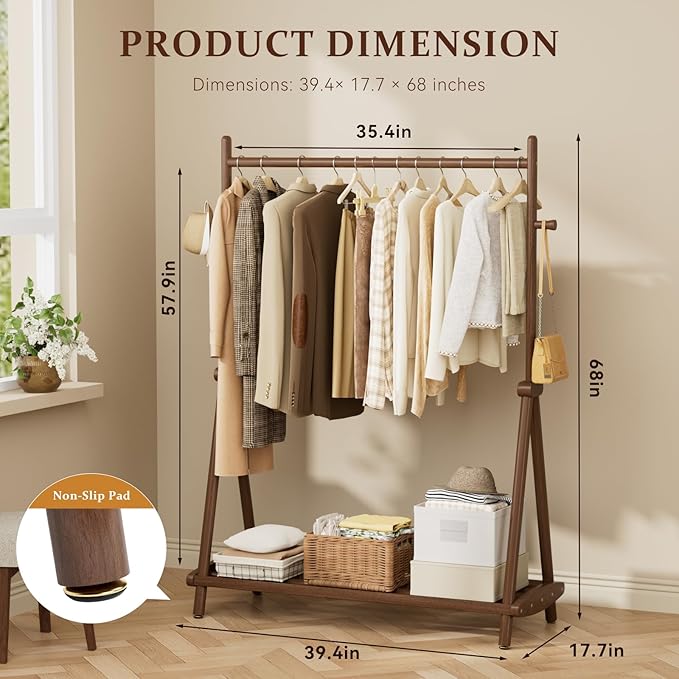 Solid Wood Clothes Rack with Wheels,Freestanding Garment Rack & Coat Tree,Extra-Long 42.5" Hanging Rod, Double Storage Shelves for Bedroom, Entryway, Hallway