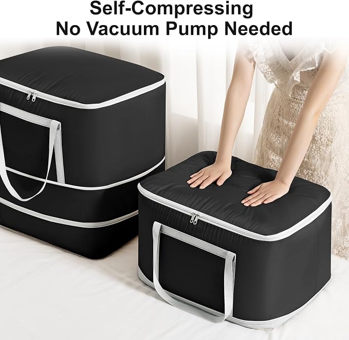 Comforter Storage Bag - 120L Bedding Storage Bags for Moving Closet, Washable Blanket Storage Bag, Ultra Space Saving Self Compression Organizer, 2-Pack, Black