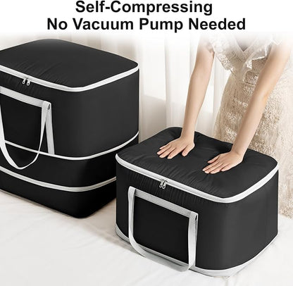 Comforter Storage Bag - 120L Bedding Storage Bags for Moving Closet, Washable Blanket Storage Bag, Ultra Space Saving Self Compression Organizer, 2-Pack, Black