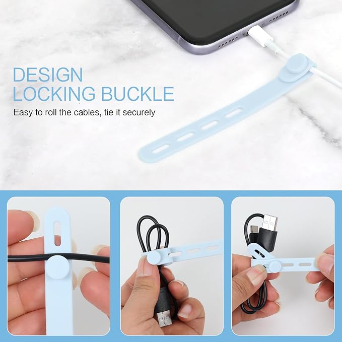 Donruby 24Pcs Silicone Cable Ties - Reusable & Washable with Locking Buckles, Adjustable Fastening Cable Management Straps, Multi-Purpose High Elasticity Cord Organizer (Ice Blue)