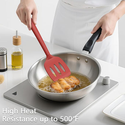 Coukre 3 Pack Silicone Spatula Set, High Heat Resistant, BPA-Free, Fish Spatula, Solid & Slotted Turner for Non-Stick Pans, Flipping Eggs, Pancakes, Fish, Burgers (3, PureRed)