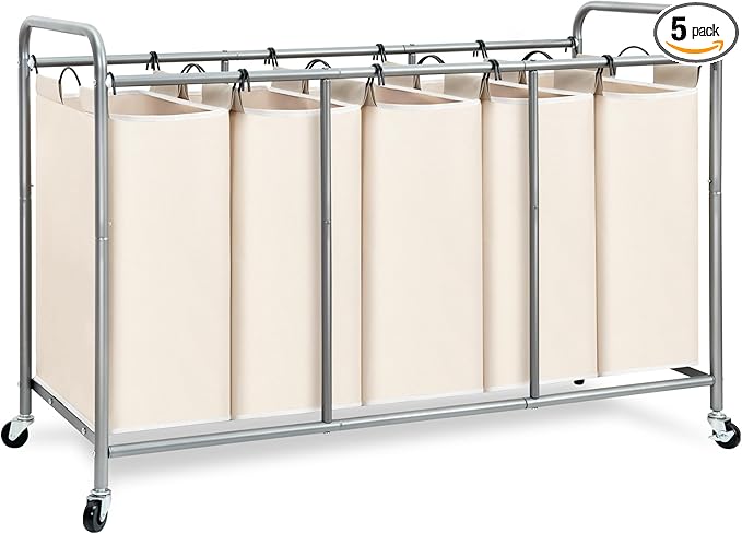 STORAGE MANIAC 5 Section Laundry Sorter, 5 Bins Rolling Separator Laundry Basket, Dirty Clothes Hamper Divider with Heavy Duty Rolling Lockable Wheels, Large Clothes Organizer Cart, Beige