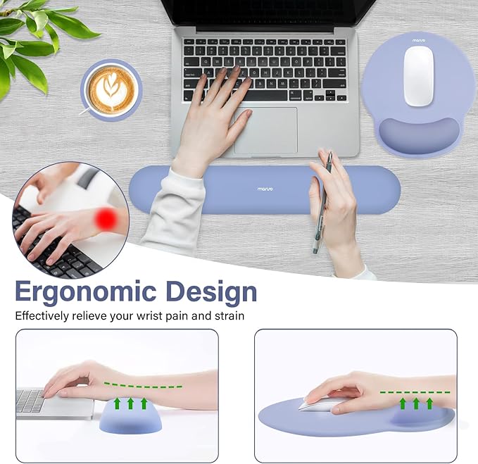 MOSISO Wrist Rest Support for Mouse Pad&Keyboard Set, Circle Curved Ergonomic Mousepad&Coaster Non-Slip Base Home/Office Pain Relief&Easy Typing Pad with Soft Cloth&Silicone Lining, Stone Blue