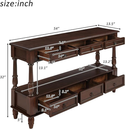 LKTART 54'' Solid Wood Console Table, Farmhouse Entryway Table with 6 Drawers and Shelf, Narrow Long Sofa Table with Storage for Living Room Hallway, Couch, Foyer (Espresso)