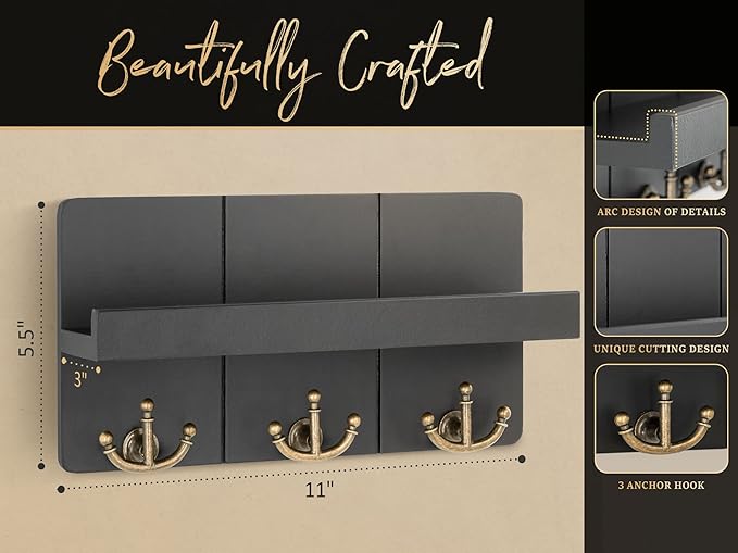 Rebee Vision Decorative Key and Mail Holder for Wall: Farmhouse Mail Organizer with Floating Shelf and 3 Anchor Key Hooks - Rustic Key Hanger for Farmhouse Entryway Decor (Modern Black)