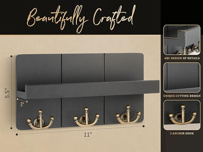 Rebee Vision Decorative Key and Mail Holder for Wall: Farmhouse Mail Organizer with Floating Shelf and 3 Anchor Key Hooks - Rustic Key Hanger for Farmhouse Entryway Decor (Modern Black)