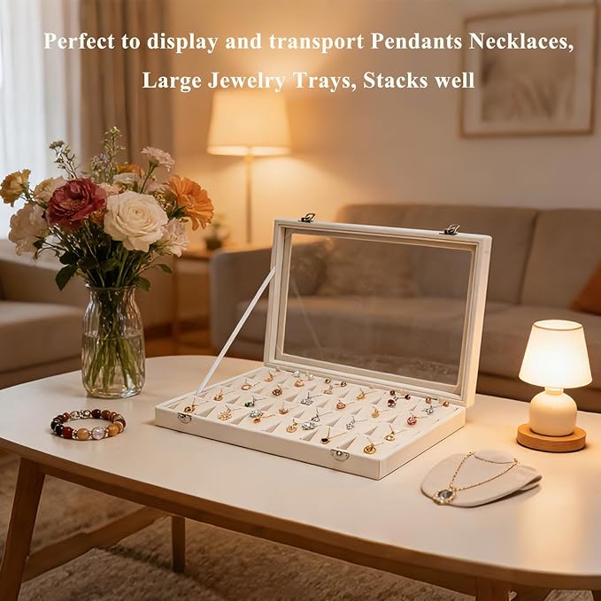 Jewelry Box Necklace Organizer Tray (Beige) Necklace Display Case for Storage Jewelry Necklaces Display Stand 24 Slot Pendant Holder for Women