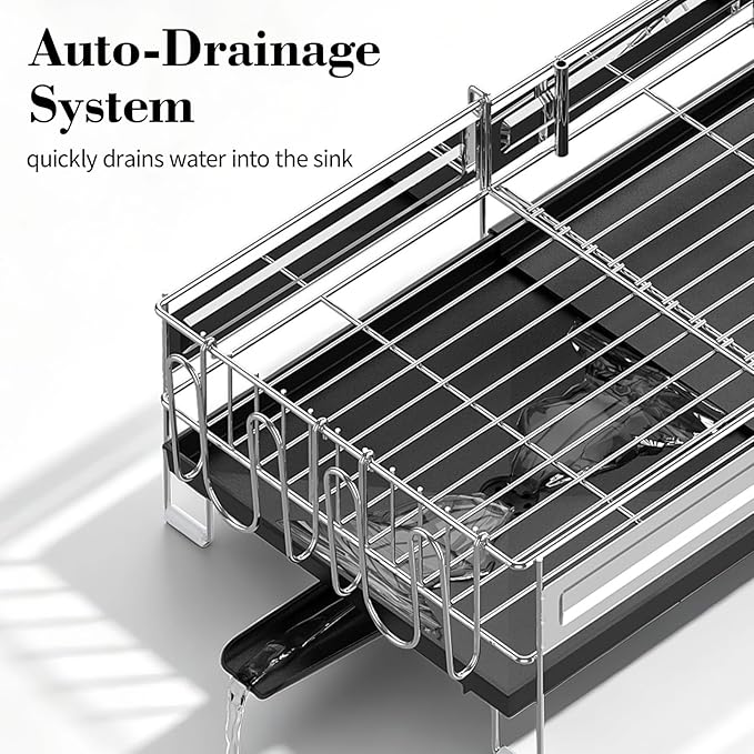 Delamu 2 Tier Dish Drying Rack, Large Dish Racks for Kitchen Counter, Stainless Steel Multifunctional Dish Drainer with Cutlery & Cup Holders, Extendable from 13.4 to 28.7 in, Black