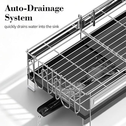 Delamu 2 Tier Dish Drying Rack, Large Dish Racks for Kitchen Counter, Stainless Steel Multifunctional Dish Drainer with Cutlery & Cup Holders, Extendable from 13.4 to 28.7 in, Black
