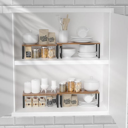 NEX Kitchen Cabinet and Counter Shelf Organizer, Stackable & Expandable, Set of 4, Black and Rustic Brown - 7.7 x 15.6 x 6.2''
