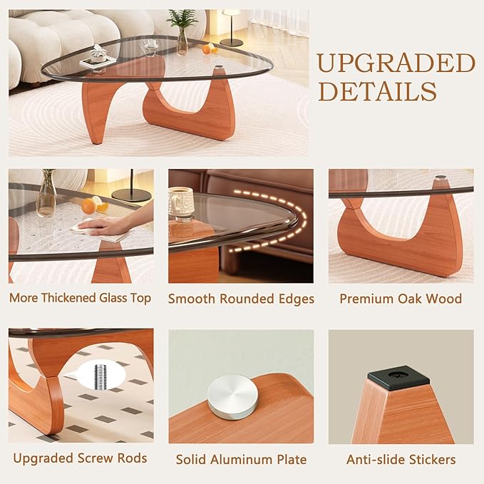 Coffee Table for Living Room Mid Century Modern Center Small Table with Glass Top and Wood, Walnut Transparent(45 Inch)