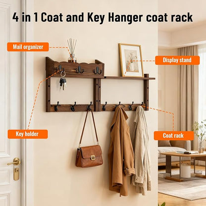 28" Coat Rack Wall Mount with Shelf, Entryway Key Holder Wall Mount Wood Wall Coat Hooks with 7 Hooks 3 Key Hanger, Wall Mounted Coat Rack Mail Holder for Living Room, Bedroom