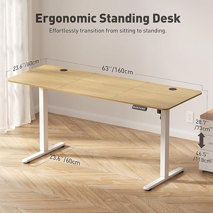 63" Electric Standing Desk Adjustable Height, Ergonomic Sit Stand Computer Desk for Home Office, Sturdy Motorized Workstation with Memory Controller & Timer, Oak