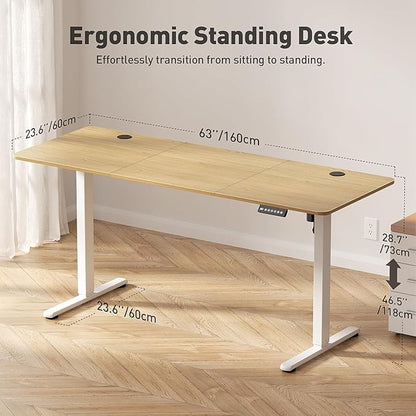 63" Electric Standing Desk Adjustable Height, Ergonomic Sit Stand Computer Desk for Home Office, Sturdy Motorized Workstation with Memory Controller & Timer, Oak