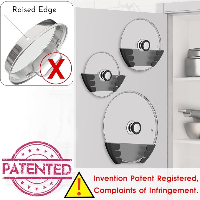 Universal Pot Lid Organizer for Cabinet - Upgraded Patented Niceyos 3 Pack Inside Cabinet Door Wall Mount Pan Top Storage Organizer Rack Holder for Kitchen, Fits 6" to 13" (Black)