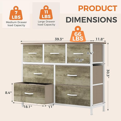 Sweetcrispy 7 Drawer Dresser with Fabric Bins, Fabric Storage Tower Organizer for Bedroom, Closet, Hallway, Entryway, Tall Chest of Drawers with Steel Frame, Wood Top, Large Storage, Greige Oak
