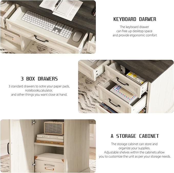 CARPETNAL 58'' Farmhouse Executive Desk with Drawers, Home Office Desk with File Drawer and Storage Cabinet, Rustic Computer Desk for Working, Studying, Writing, White