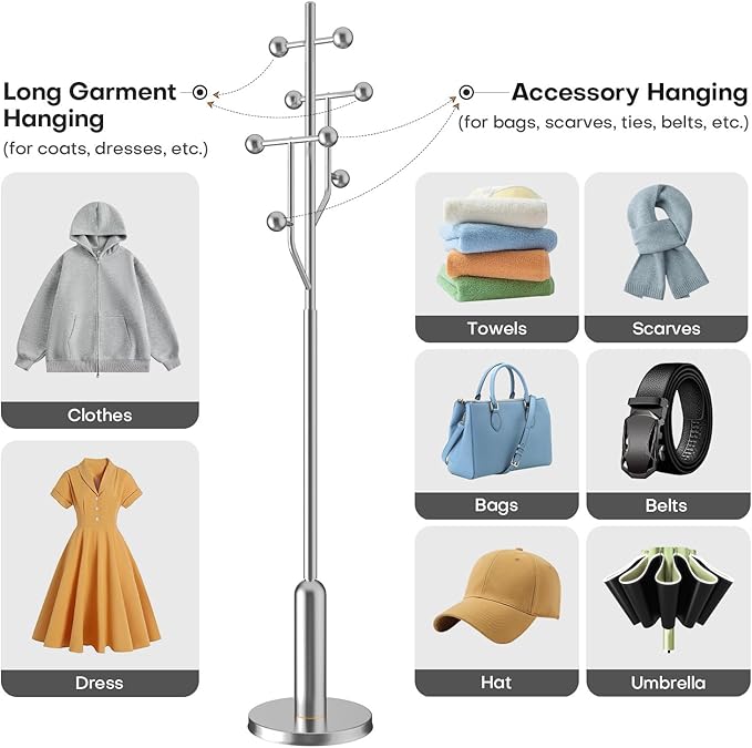 Coat Rack Freestanding with Stainless Steel Marble Base, 8 Ball-shaped Hooks, Heavy-Duty Standing Coat Rack, Coat Hanger Stand for Bedroom Entryway Hallway, Hat, Bags, Long Dresses, Silver