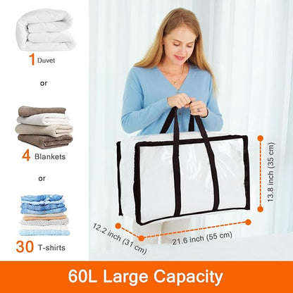 Vieshful 3 Pack Clear Comforter Storage Bag, 60L Clothes Storage Bag with Zipper Closet Organizer, Plastic Storage Containers Moving bags for Comforter, Blanket, Bedding, Duvet, Toys