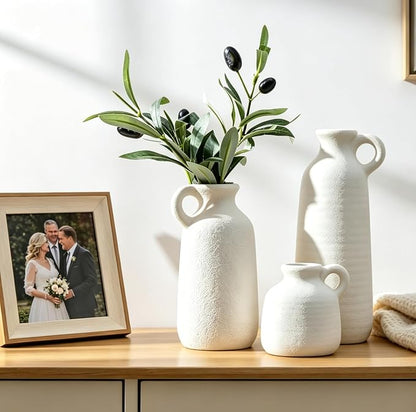 Ceramic Vase Set of 3 with Handle, White Modern Farmhouse Vases for Pampas Grass & Dried Flowers, Flower Vase for Table Living Room Home Decor