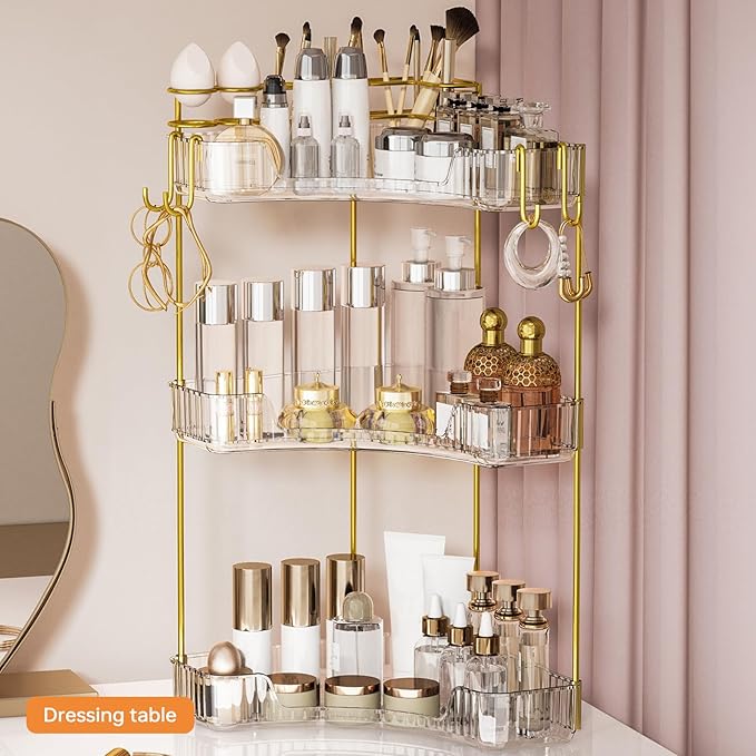 3-Tier Corner Bathroom Counter Organizer，Makeup & Skincare Shelf with Built-in Brush Holder，Space-Saving Bathroom Countertop Organizer for Skincare, Perfume, Cosmetics(Green)