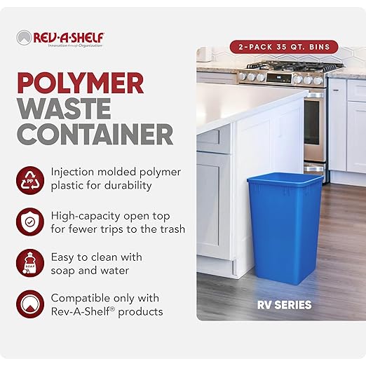 Rev-A-Shelf 2-Pack 35 Quart Polymer Replacement Trash Bin, Recycle Waste Garbage Container for Kitchen Cabinet Pullouts, Blue, RV-35-22-2 - Large Plastic Bins for Home and Office