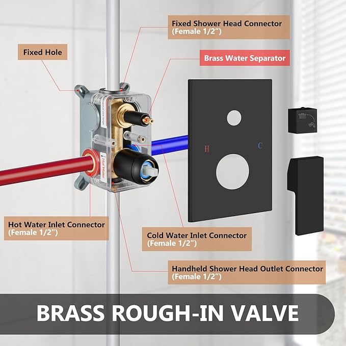 Shower Faucet Set Rainfall Shower System with Square Showerhead and Handle Set Fixture with 2 in 1 Function Handheld Sprayer Wall Mounted Trim Repair Kit Rough-in Valve 10 Inch Matte Black