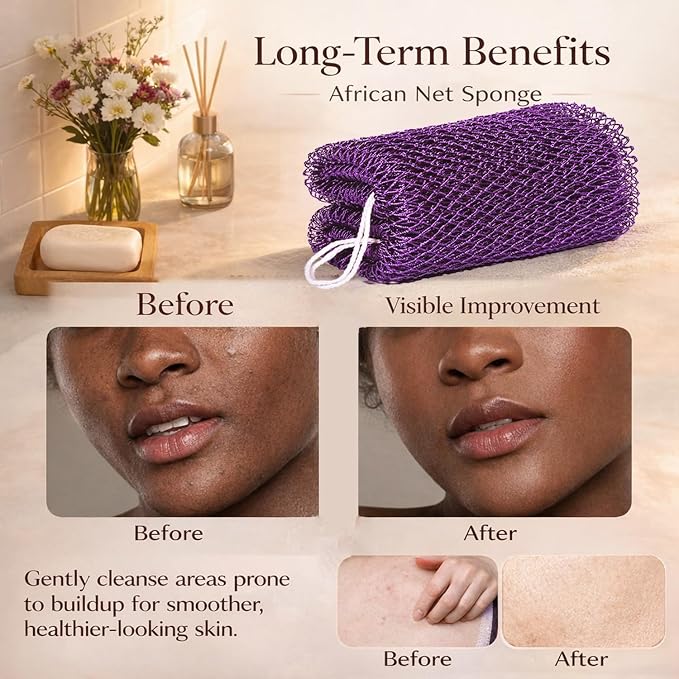 African Net Sponge Authentic, 4 Pieces African Exfoliating Net Sponge Body Back Scrubber Exfoliating Washcloth for Shower Bath for All Types (Black+Olive Green+Pink+Champagne Gold, 4 Pcs)