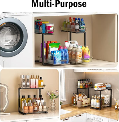 ARSTPEOE 2 Pack Double Sliding Under Sink Organizers and Storage,Two Tier Bathroom Storage and organization,Under Cabinet Organizer, Clear