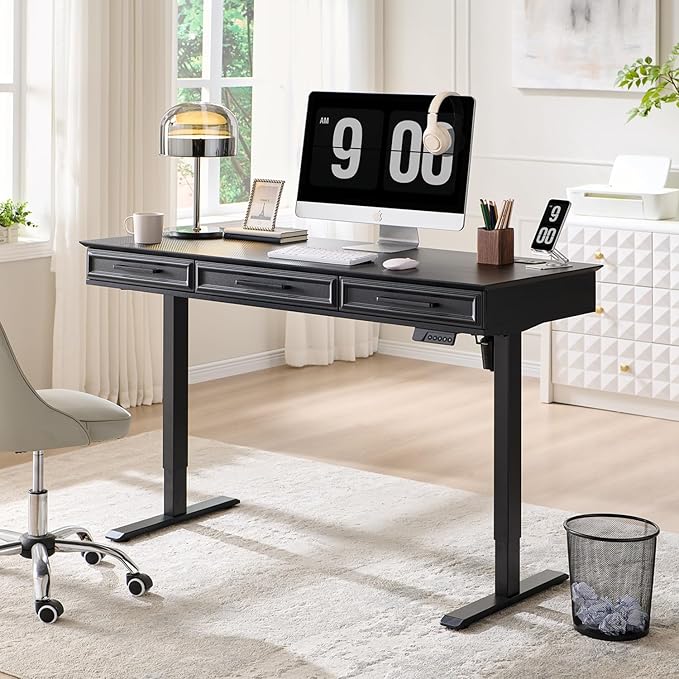 Electric Standing Desk with 3 Storage Drawers, 55x22 Inch Adjustable Height Office Computer Desk w/One-Piece Desktop & Power Outlets,Sit to Stand Up,Gaming Table for Home and Study, Black