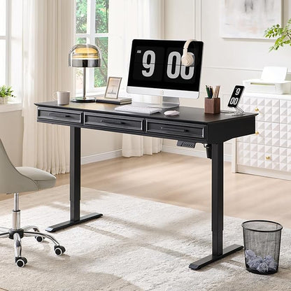 Electric Standing Desk with 3 Storage Drawers, 55x22 Inch Adjustable Height Office Computer Desk w/One-Piece Desktop & Power Outlets,Sit to Stand Up,Gaming Table for Home and Study, Black