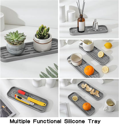 MicoYang Silicone Kitchen Sink Organizer Tray for Multiple Usage,Eco-Friendly Sponges Holder for Kitchen Bathroom Counter or Sink,Dish Soap Dispenser,Scrubber,Bottle,Cup (Grey, 12"×4")