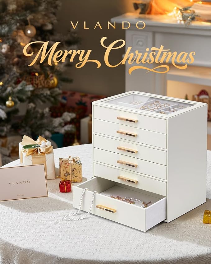 Vlando 6 Layer Jewelry Box for Women, Glass Lid Jewelry Organizer with 6 Drawers for Necklaces Rings Earrings Bracelets - Cloud White