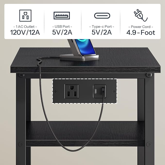 HOOBRO Printer Stand, Printer Table with Charging Station, Printer Cart with Hanging File Folder Organizer, Rolling File Cabinet Cart, Shelf for Home Office, Black BB17UPS01