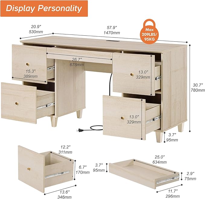 WAMPAT Executive Desk with 4 Deep Drawers, 58 Inch Modern Wooden Office Desk with Charging Station & Keyboard Tray, Home Office Large Computer Desk, Work & Study Writing Desk, Light Oak