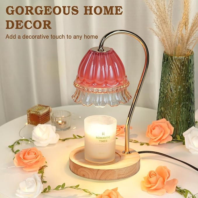 Funistree Flower Candle Warmer Lamp with Timer, Dimmable Candle Lamp Warmer, Christmas Birthday Gifts for Women Mom Her, Housewarming Home Decor, Lotus Wax Warmer for Yankee Candles - Pink Flower
