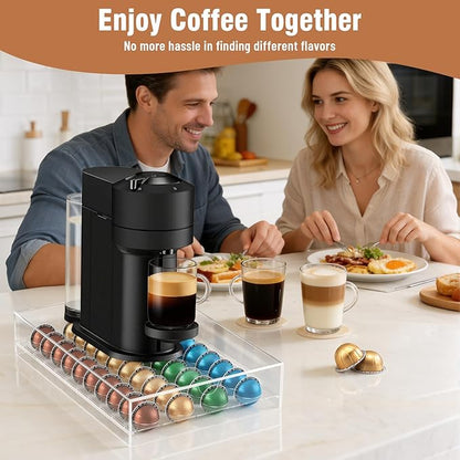 Jumyee Acrylic Coffee Pod Drawer for Nespresso Vertuo Pod Holder, Clear Coffee Capsule Organizer Storage Drawer for Counter 40 Pods