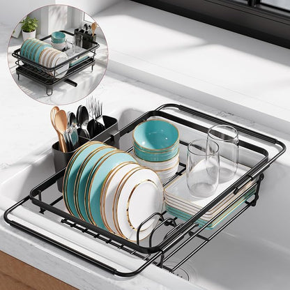 Sakugi Dish Drying Rack in Sink - Expandable Stainless Steel Dish Rack Over The Sink, Kitchen Sink Drain Strainer with Cutlery Holder & Cup Holders, 15.2 x 10.0 x 4.2 Inch, Black