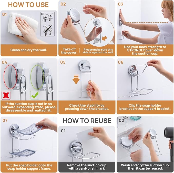 LEVERLOC Soap Dish Holder Suction Cup for Shower Wall Double Layer Drill-Free Waterproof Wall Mount Strong Suction Removable Bar Soap Sponge Holder for Bathroom Bathtub Kitchen, Chromed