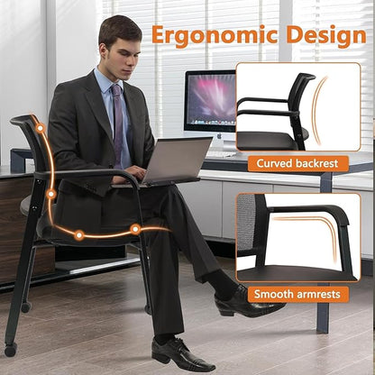 CLATINA Stacking Office Chair with Wheels, Mesh Back Waiting Room Guest Chairs with Arms Comfortable Leather Cushion Stackable Desk Chair for Conference Reception School Side Stationary, Black, 8 PK