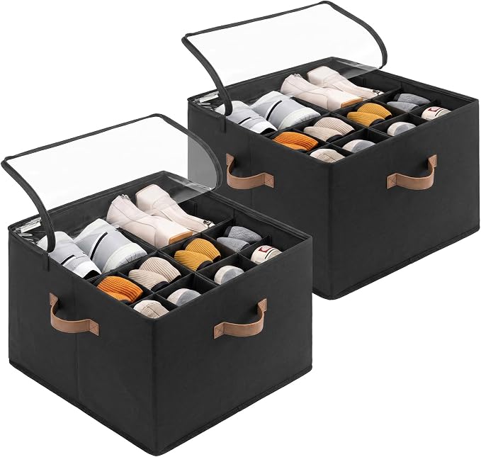 StorageWorks Shoe Organizer for Closet, Foldable Shoe Storage Box with Adjustable Dividers, Closet Shoe Organizer for Sneakers, Heels, Flats, Shoe Storage Bin Holds Up to 16-32 Pairs, Black