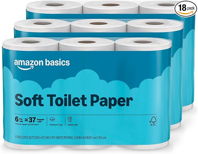 Amazon Basics 2-Ply Soft Toilet Paper, 18 Rolls | 3 Packs of 6 | 111 Regular Roll Equivalent