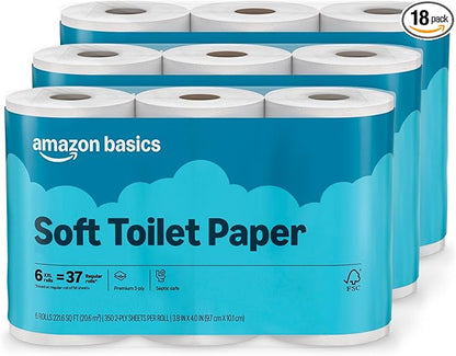 Amazon Basics 2-Ply Soft Toilet Paper, 18 Rolls | 3 Packs of 6 | 111 Regular Roll Equivalent