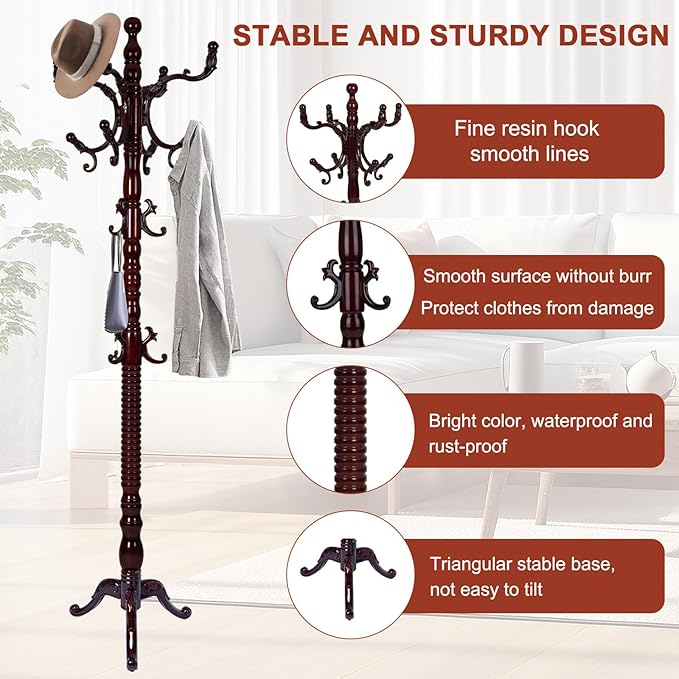 Wooden Coat rack freestanding, Coat racks stand with 14 Hook, Heavy duty coat tree standing 3 Adjustable Heights for Bedroom, Entryway, Hallway, Office,Stury Base (Redwood triangle)