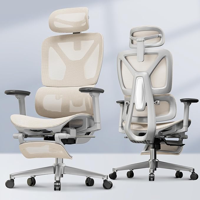 FLEXISPOT ErgoX Premium Ergonomic Office Chair with Footrest- Adjustable 3D Armrests, Dynamic Lumbar Support, Recline & Tilt Function, Mesh Seat, for Home & Office Use,Cream