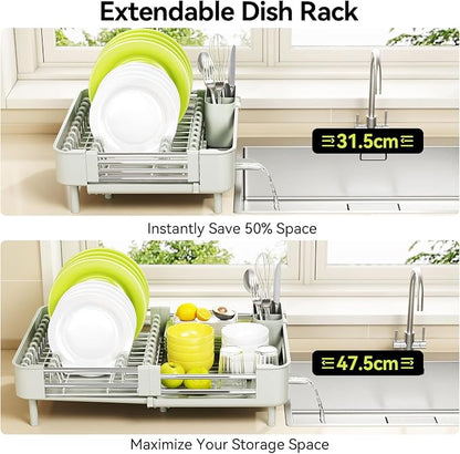 Urackify Extendable Dish Drying Rack, Dual Part Dish Drainers with Non-Scratch and Movable Cutlery Drainer and Drainage Spout, Adjustable Dish Rack for Kitchen, Gray & White