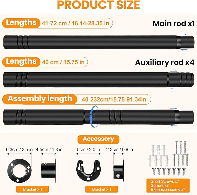 Adjustable Closet Rod - 17 to 84 Inch Heavy Duty Tension Rod for Hanging Clothes, Black Curtain Rod Ideal for Closets, Wardrobes, Bathrooms, and Laundry Rooms (17-57IN)